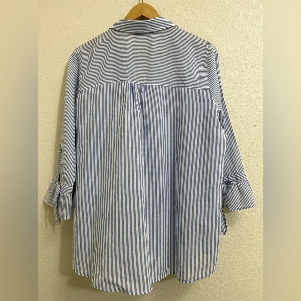 Yessica Blue and White Striped Blouse with Tie Sleeve Details - Picture 3 of 7
